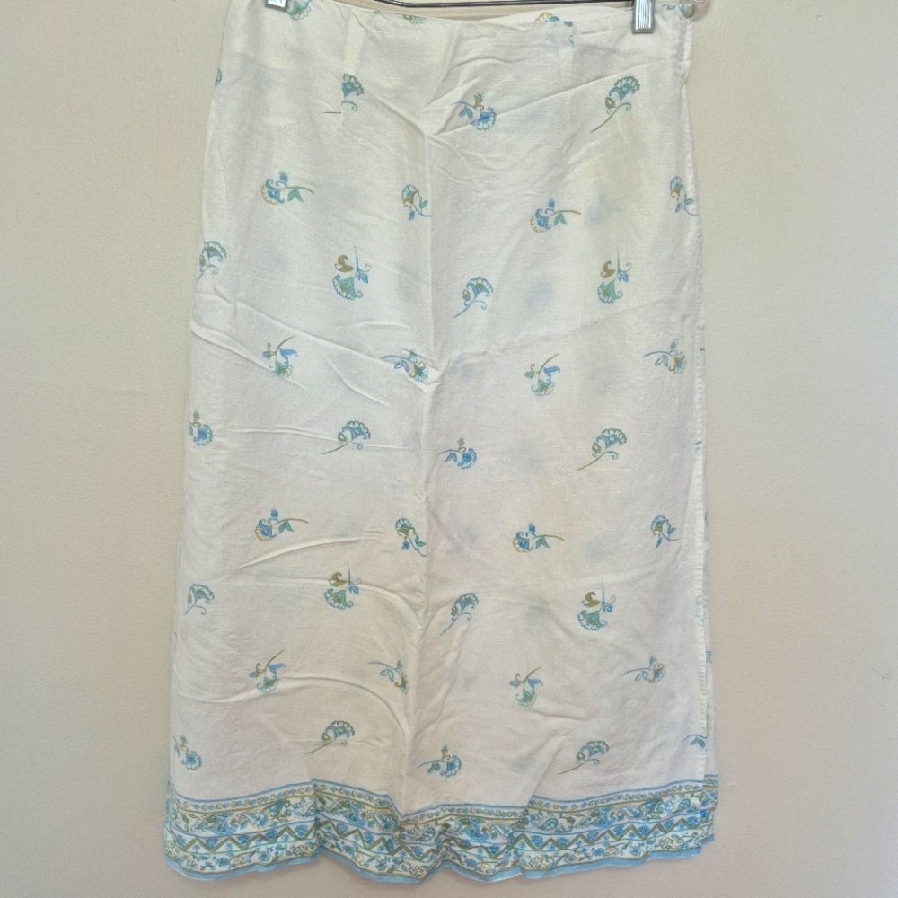 Jillian Jones Women’s Boho White Linen Blend Floral Midi Wrap Skirt Size 6 - Picture 2 of 5